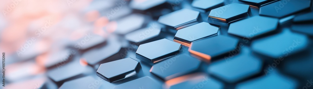 Poster close-up of hexagonal patterns in metallic surface with blue and orange lighting, ideal for modern d