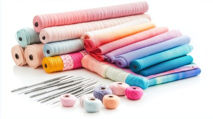 Colorful rolls of fabric and spools of thread arranged neatly alongside sewing needles on a white background