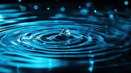 Close-up of water droplet creating ripples on a calm surface, with a serene blue background.