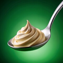 Spoonful of Creamy Mayonnaise on a Green Background, food photography, condiment, Mayonnaise, Spoon