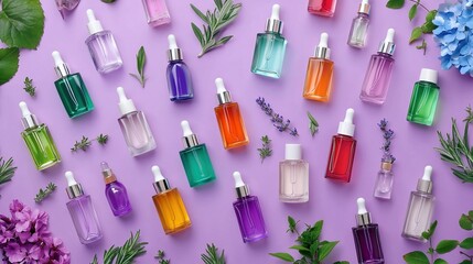 Different textured liquid serum swatches on a pastel purple background, showcasing various beauty skincare product textures and consistencies. Perfect for cosmetic product advertising, 