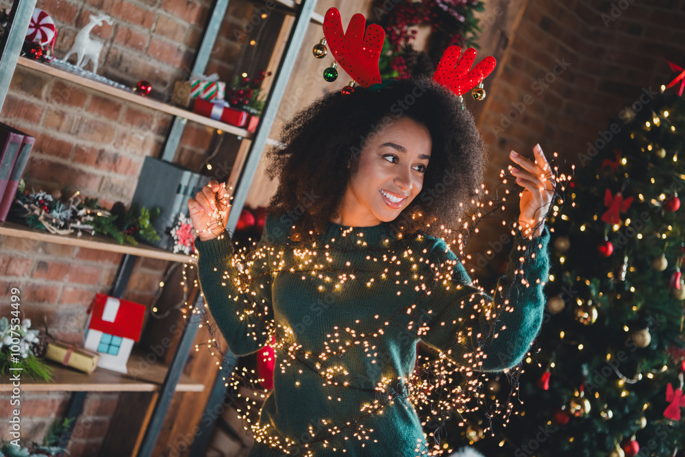 Poster Photo of good mood cheerful girl wear green sweater have fun enjoy xmas festive event new year magic indoors home room