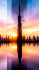 Obraz premium A majestic skyscraper stands tall against a vibrant sunset, its reflection creating a symmetrical mirror image in the water.