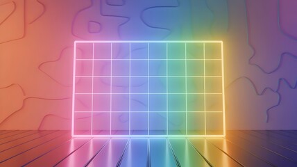 Obraz premium Neon pastel grid with abstract wall design on wooden floor