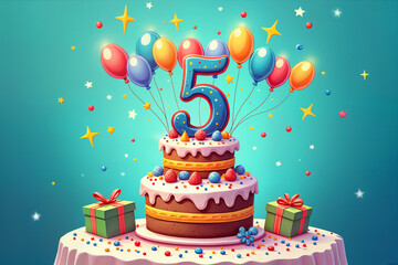 5th birthday card. Colorful birthday cake with the number five on top, surrounded by balloons and presents, set against a blue background with stars.