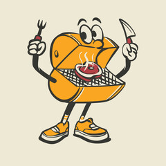 Cartoon Barbecue Grill Mascot with Fork and Knife Vector Silhouette