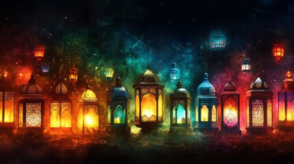A beautiful and enchanting scene of glowing lanterns set against a backdrop of colorful smoke and stars. Perfect for Ramadan, Eid al-Fitr, or any celebration.