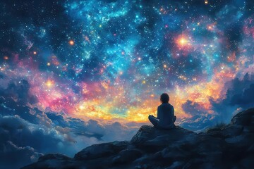 Obraz premium a contemplative figure sitting in a meditative pose gazing into the cosmos with celestial bodies surrounding them symbolizing connection to the universe and inner peace