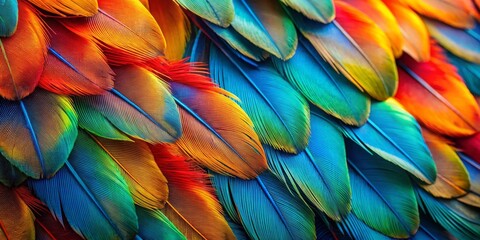 Obraz premium Vibrant Bird Feather Texture Close Up of Blue, Red, and Yellow Plumage, bird feathers, feather texture