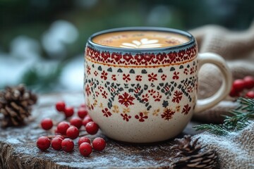 a cozy coffee cup adorned with festive christmas motifs sits atop a rustic surface radiating warmth and holiday cheer