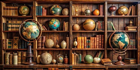 Vintage Bookshelf with Globes and Ornamental Decor, globes, bookshelf