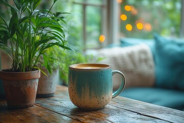a cozy scene featuring a cup of coffee on a wooden table beside a couch and a potted plant creating a warm and inviting atmosphere for relaxation