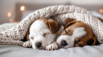 Obraz premium Cuddling puppies in a cozy room, cute and joyful, Urban, Soft hues, Photograph, Pet joy