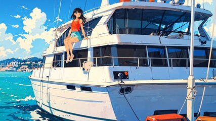 Obraz premium yacht exterior anime high-quality image and aesthetic background