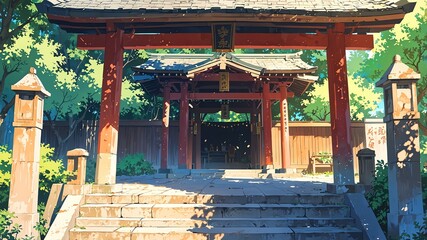 shrine exterior anime high-quality image and aesthetic background