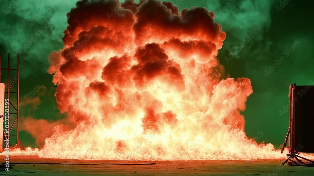 Poster massive fireball is exploding on a green screen set, perfect for visual effects artists working on h