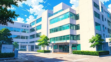 hospital exterior anime high-quality image and aesthetic background