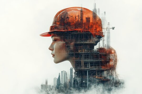 a digital illustration showcases building construction with a double exposure effect layering images of engineers at work and cityscapes blending human effort with architectural vision
