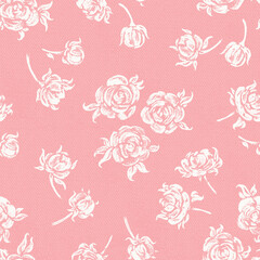 Roses. Flowers Seamless Vector White Pink Pattern. Rose Flowers and Leaves. Monochrome Vintage Floral Background
