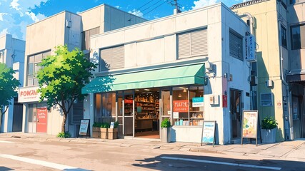 convenience store exterior anime high-quality image and aesthetic background