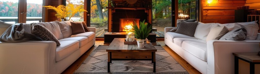 Lake cabin with cozy decor, serene and inviting, Nature, Soft tones, Photograph, Woodland retreat