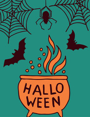 Halloween card with boiling pot. Decorative holiday flyer
