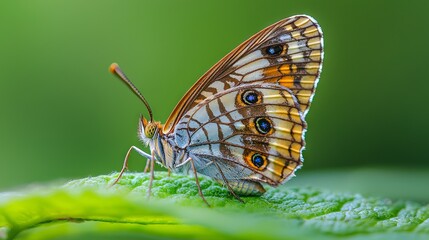 Fototapeta premium Close-up of a colorful butterfly perched on a green leaf