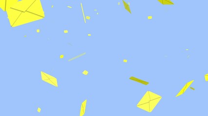 Animation of yellow envelopes falling slowly on blue background. Many email messages concept
