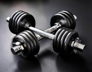 Naklejka premium Dumbbells on a black background. Sport equipment. Fitness and bodybuilding. Black and white colored