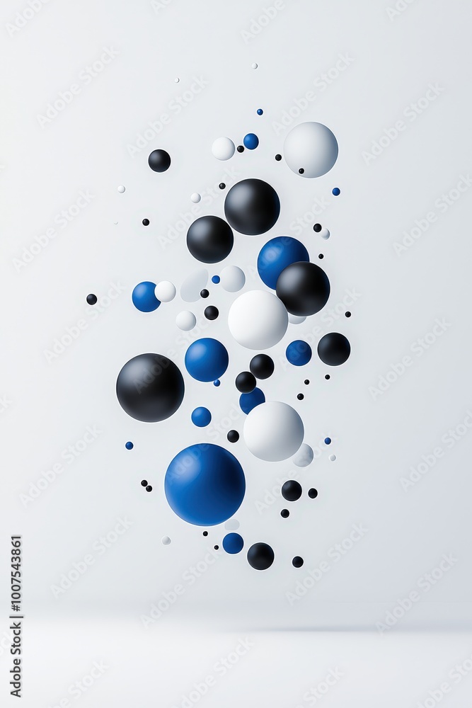 Poster an abstract composition featuring colorful floating spheres in blue, black, and white. this modern d