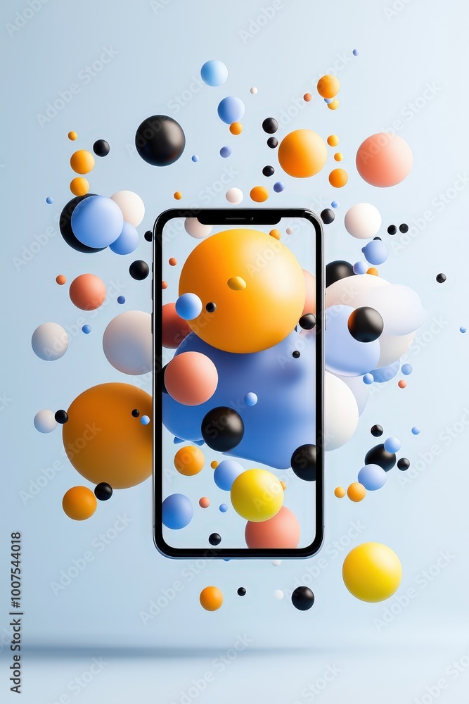 Poster a vibrant smartphone display surrounded by an explosion of colorful spheres. this dynamic compositio