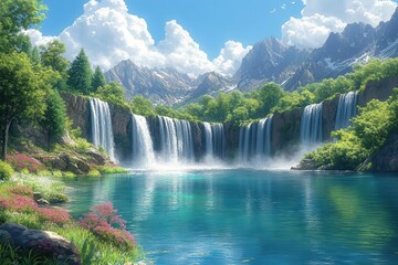 Fototapeta premium a breathtaking fantasy landscape featuring towering waterfalls cascading into a serene lake surrounded by lush greenery and a vibrant sky