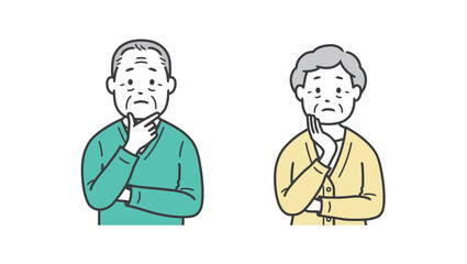顔に手を当てて悩む高齢者男女の上半身イラスト