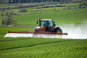 Obraz premium Tractor Spraying Fertilizer in Green Field
