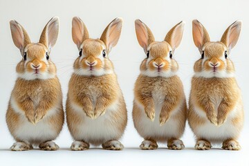 Fototapeta premium a charming group of rabbits standing on their hind legs against a clean white background depicting innocence and playfulness the illustration captures their lively spirit in a delightful way