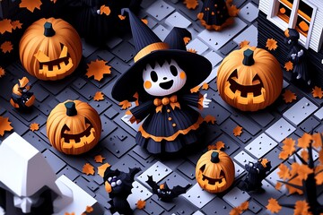 Geometric representation of a Halloween party, with abstract figures in costumes and simple jack-o'-lanterns, capturing the festive spirit.