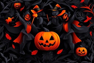 Geometric representation of a Halloween party, with abstract figures in costumes and simple jack-o'-lanterns, capturing the festive spirit.