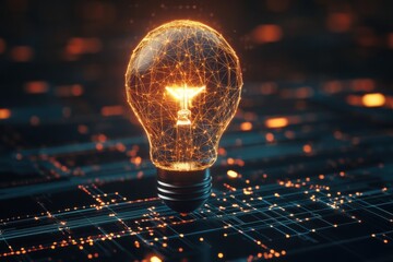 Digital light bulb with glowing network grid