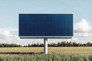 Solar panel billboard in a green field under a clear blue sky.