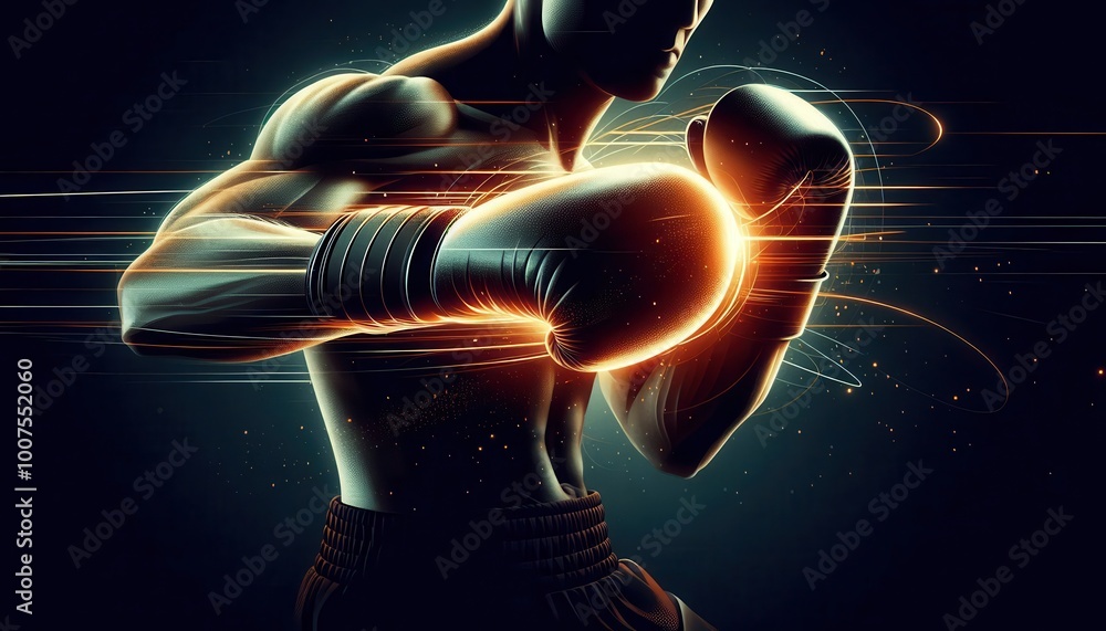 Poster dynamic image of a boxer in action, emphasizing strength and movement.