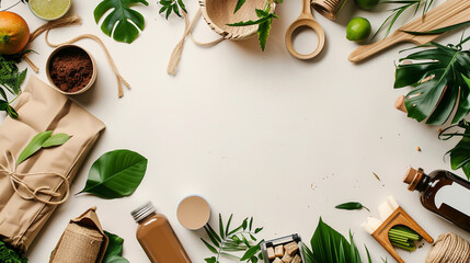 Greenery nature flat lay frame with fresh green leaves elegant botanical composition on wooden table for lifestyle product greeting invitation or menu design background