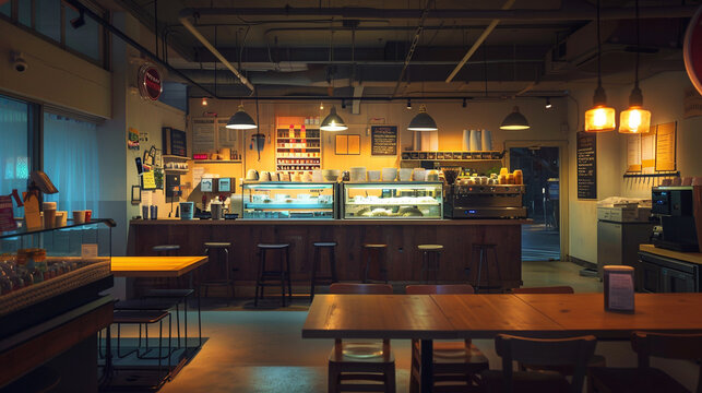Cozy and inviting cafe interior with wooden furniture industrial lighting and a warm relaxing atmosphere ideal for gathering socializing and enjoying food and drinks