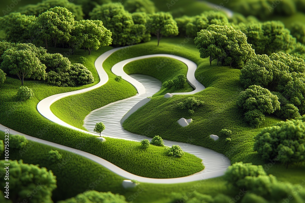 Poster geometric representation of a winding river through a forest, using simple shapes to depict the harm