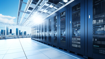 Futuristic Data Center with Rows of Network Servers in a High Tech Tech Environment