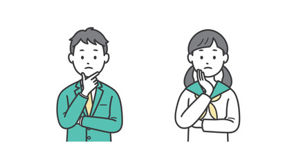 顔に手を当てて悩む男女の学生の上半身イラスト