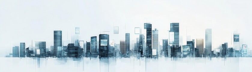 Skyline silhouette with modern skyscrapers on a light background.