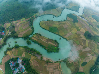 Fototapeta premium Aerial wide angle view of landscape with rice field at Phong Nam village in Trung Khanh, Cao Bang province,Northern Vietnam