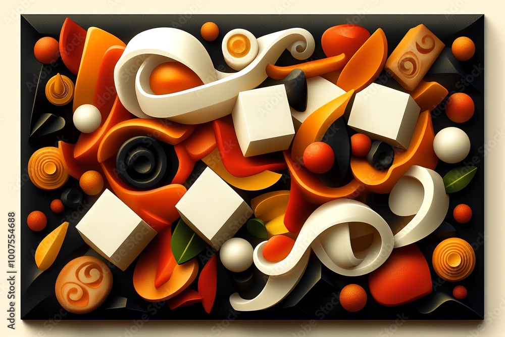 Poster geometric representation of vegetarian stir-fry, using abstract shapes to depict tofu and vegetables