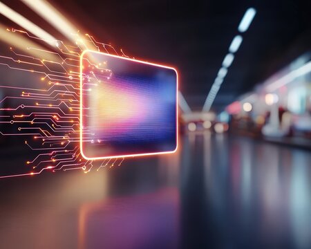 A striking futuristic digital display with neon circuits radiates energy and motion, perfect for technology-themed projects, advertising, or modern design.