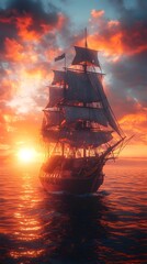 Fototapeta premium Majestic Ship Gliding Across Calm Ocean Under Stunning Sunset Sky picture